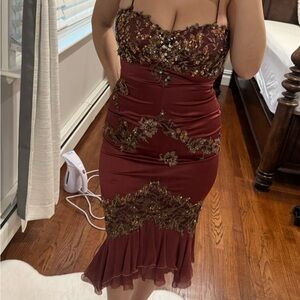 Julian Joyce Burgundy Dress with Gold Embellishments